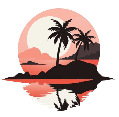 Illustration of a Kerala palm island at sunset — coral sun and palm silhouettes reflected in the backwaters.