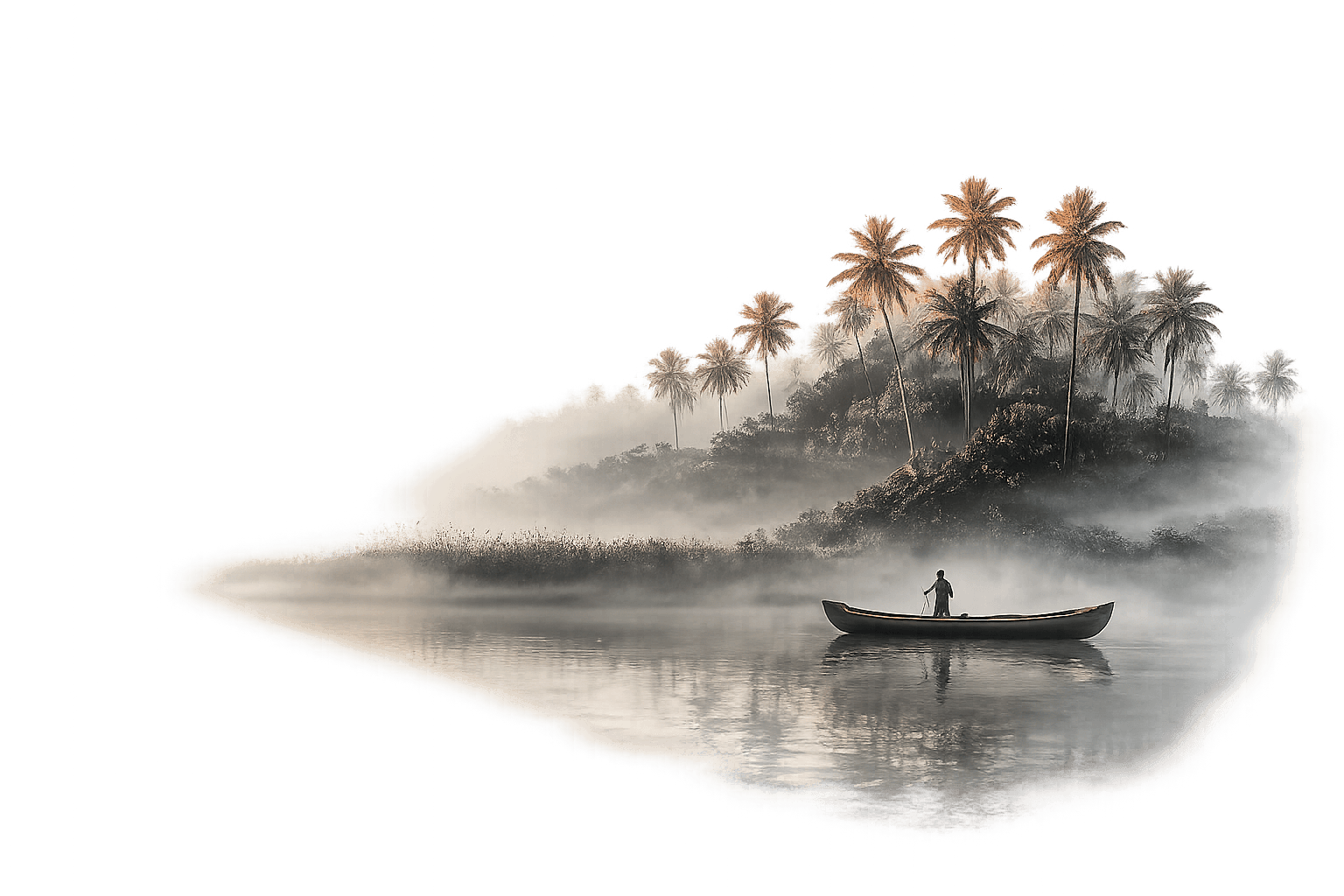 A boatman poles a traditional wooden country boat through the misty Kerala backwaters at dawn, past a palm-fringed island.