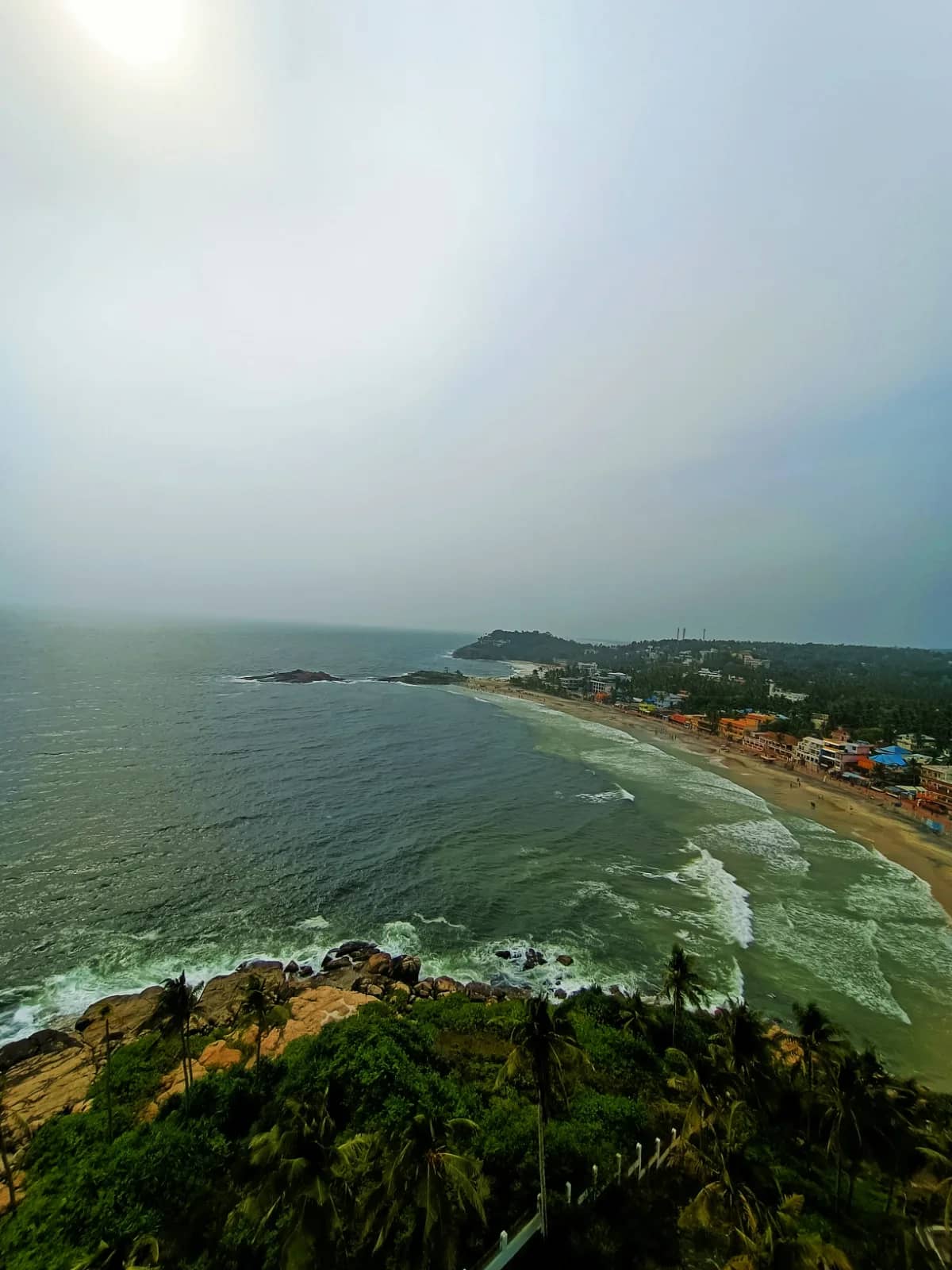 Kovalam Beach view with lighthouse, sandy shoreline, Arabian Sea waves, and coastal scenery in Kerala