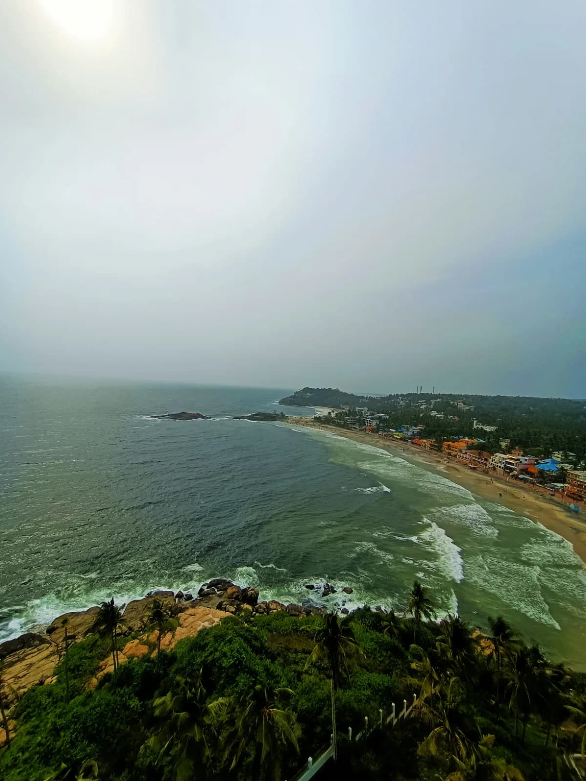 Kovalam Beach view with lighthouse, sandy shoreline, Arabian Sea waves, and coastal scenery in Kerala